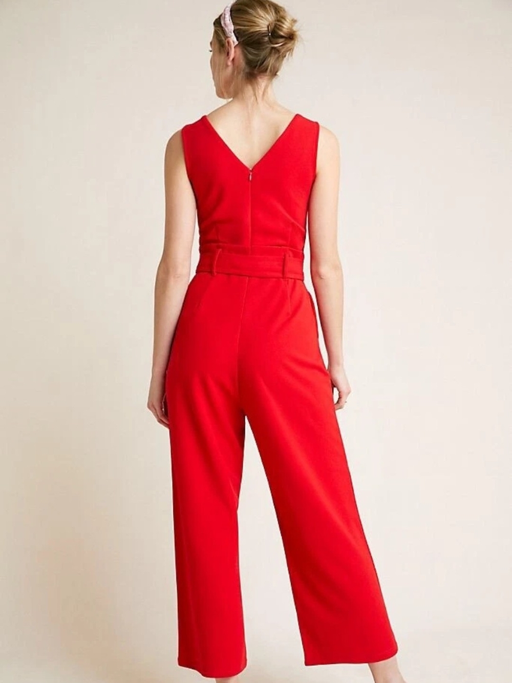 Anthropologie Vibrant Red V-Neck Wide-Leg Jumpsuit